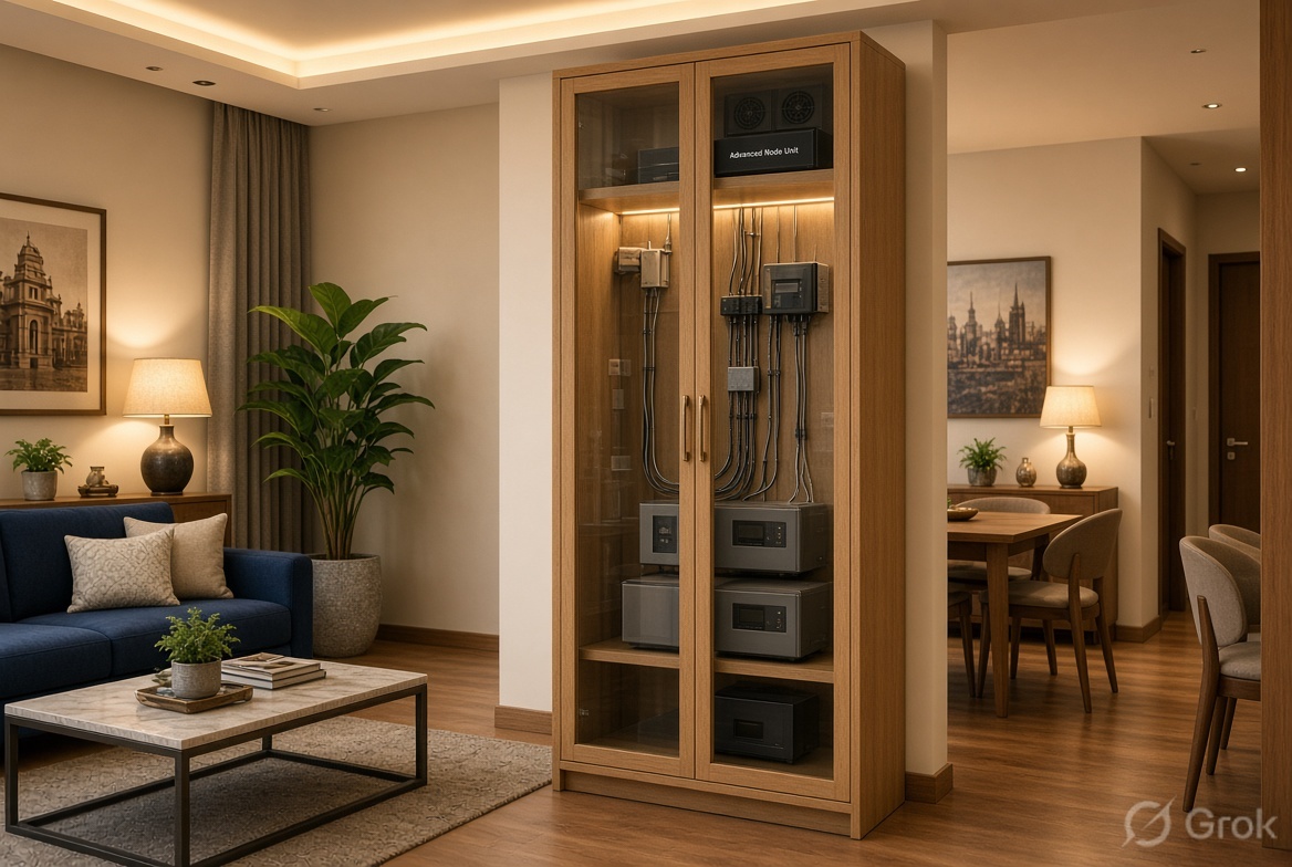 Home node in glass-door cupboard